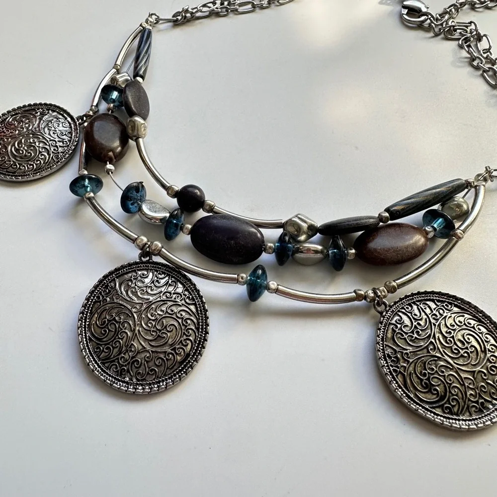 Chico's Silver Tone Layered Beaded Statement Necklace Brown Blue‎ Southwestern